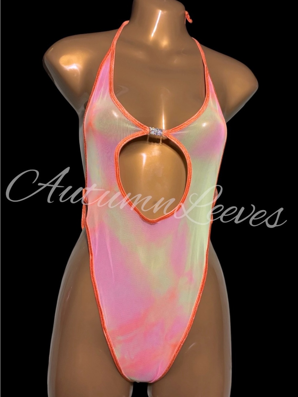 Holographic Neon Orange Trim One-Piece Cutout Swimsuit